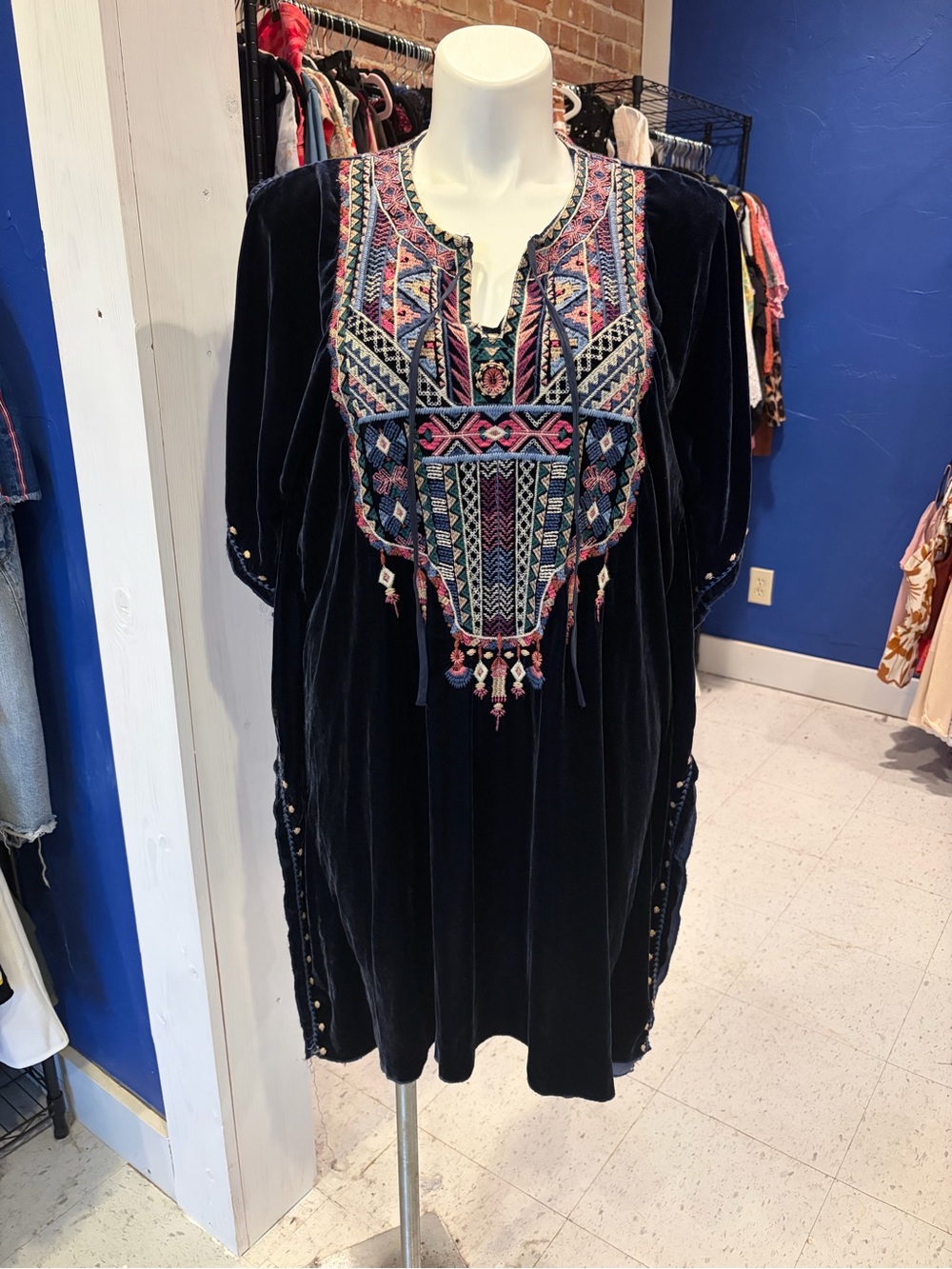 Johnny Was Navy Embroidered Velvet Dress